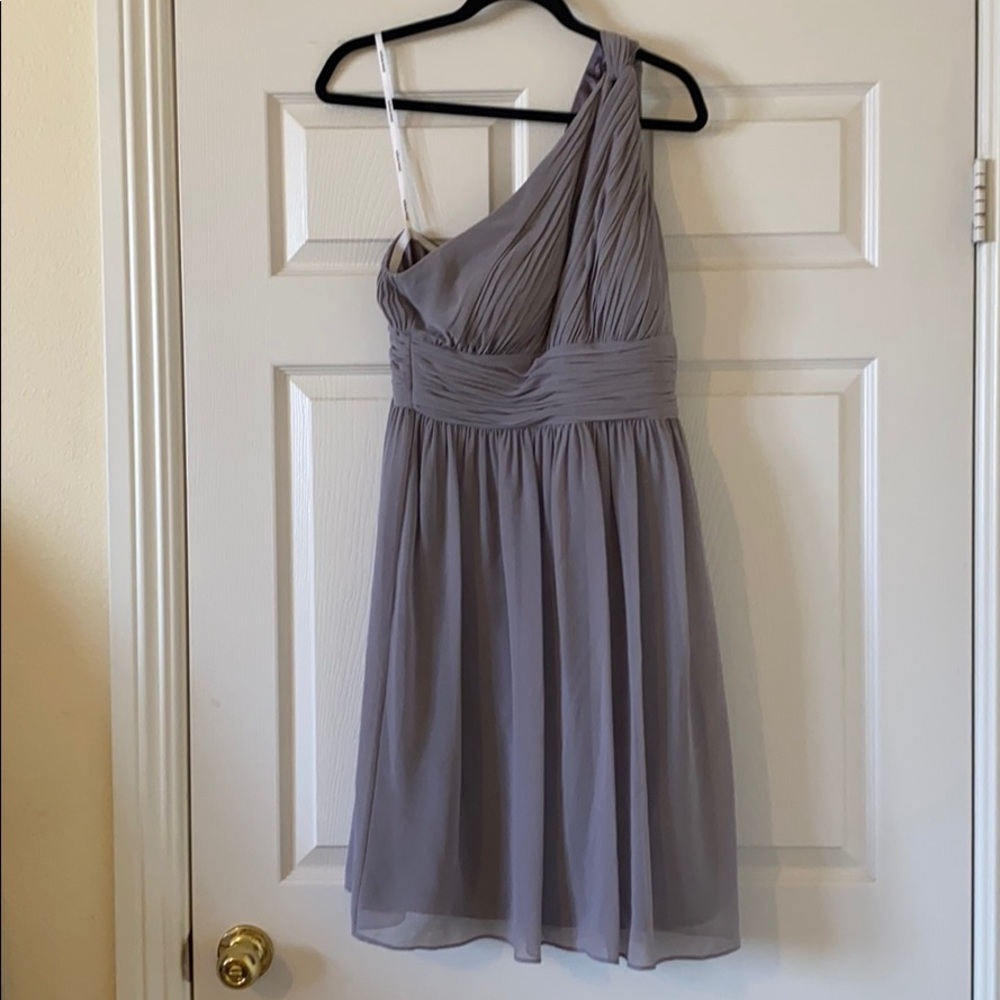 Donna Morgan Rhea One Shoulder Dove Grey Dress.